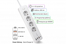 ������� ������ TopON TOP-PWS4 �� 4 EU ������� � 3 USB � USB Type-C. 4000W.